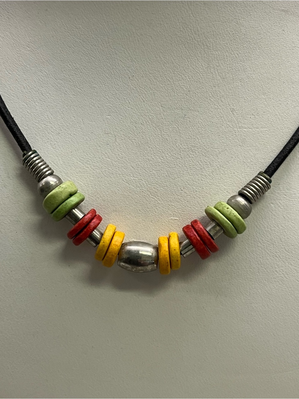 Vintage Modernist Colorful Disc Bead Necklace Black Cord Silver Tone 90s Y2K - Picture 2 of 4